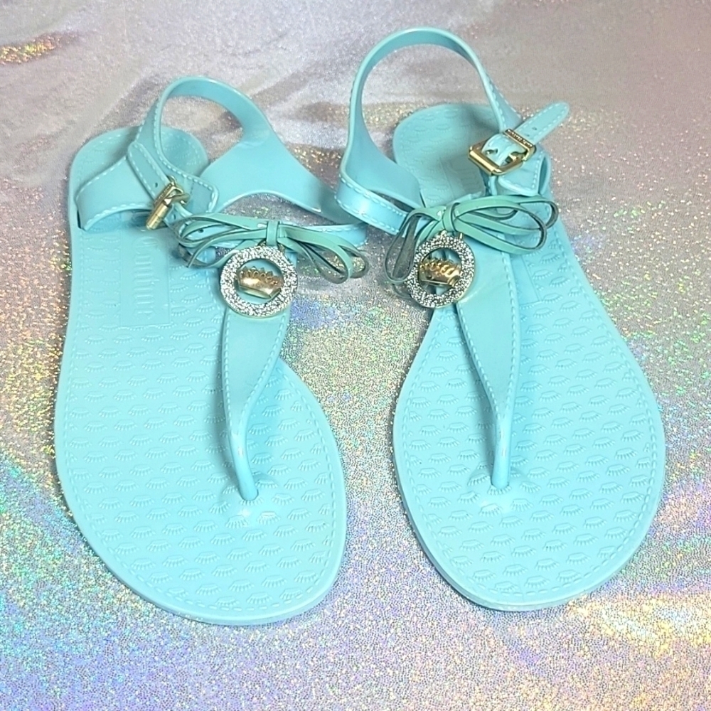 Y2k Vintage Juicy Couture Baby Blue Ankle Strap T Strap Thong Sandle SZ:8